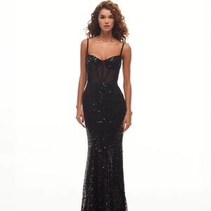 MillaSensational black maxi on spaghetti straps covered in sequins, Smoky Quartz